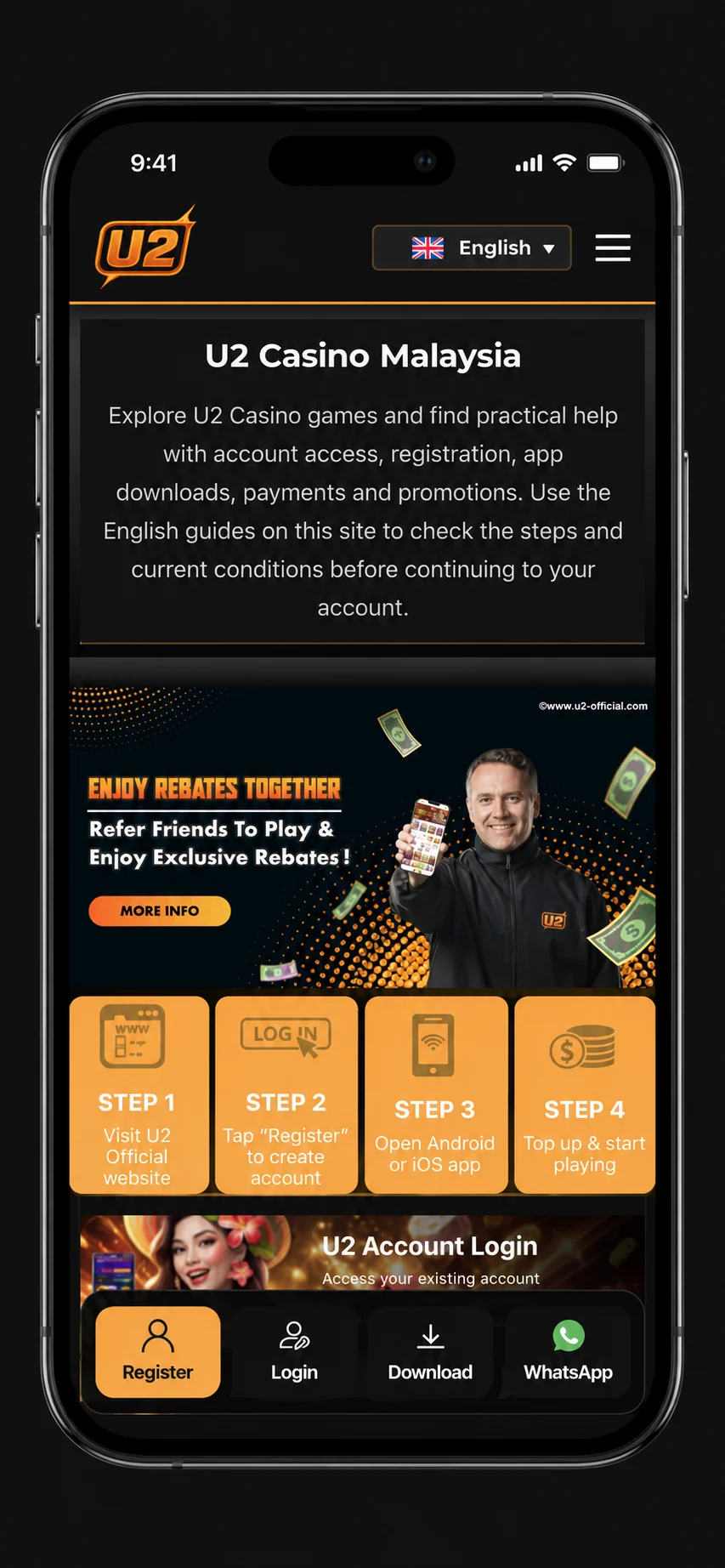 U2 mobile homepage displayed in a realistic smartphone mockup